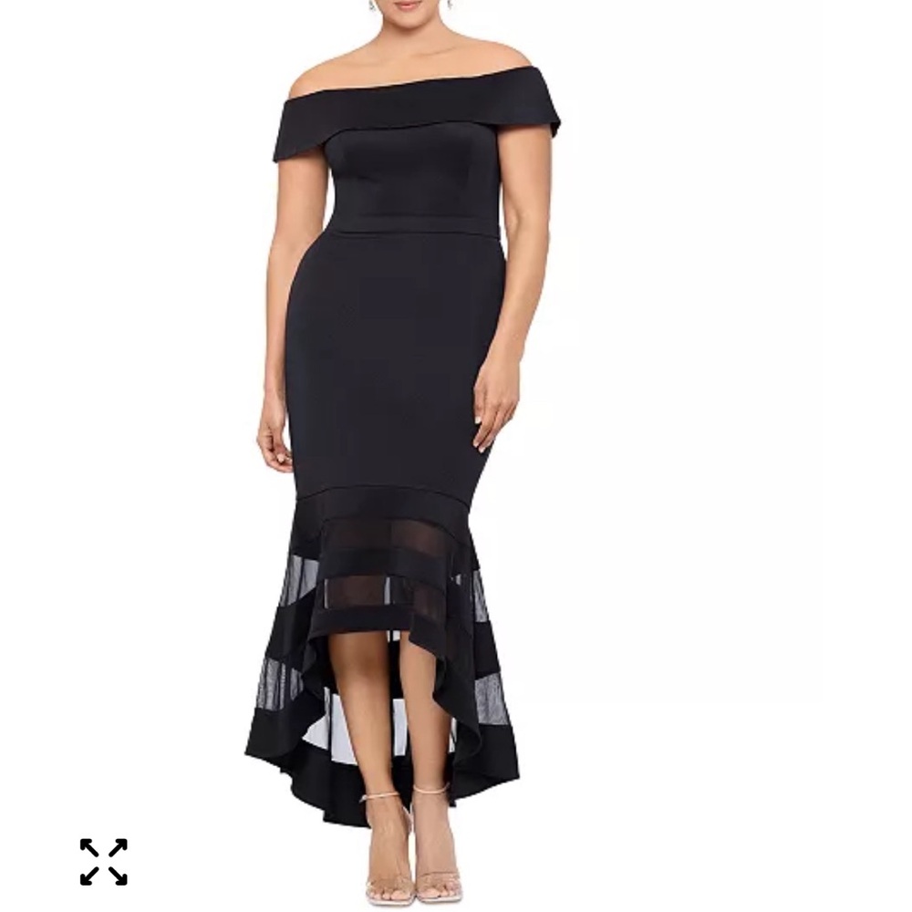 Xscape Elegant Black High-Low Off-Shoulder Dress